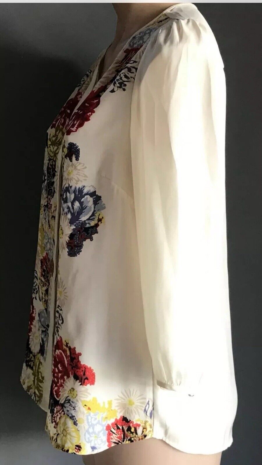 H&M Top Cream & Floral Print Collarless 3/4 Sleeve Blouse Ladies Sz EU 38 AU 10