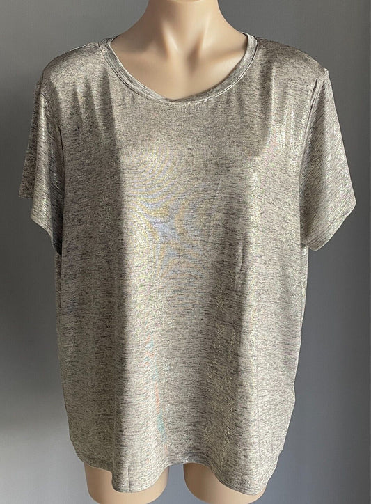H&M Top Beige Black Gold Marl Short Sleeve Blouse Size EUR XL Stretch Fabric