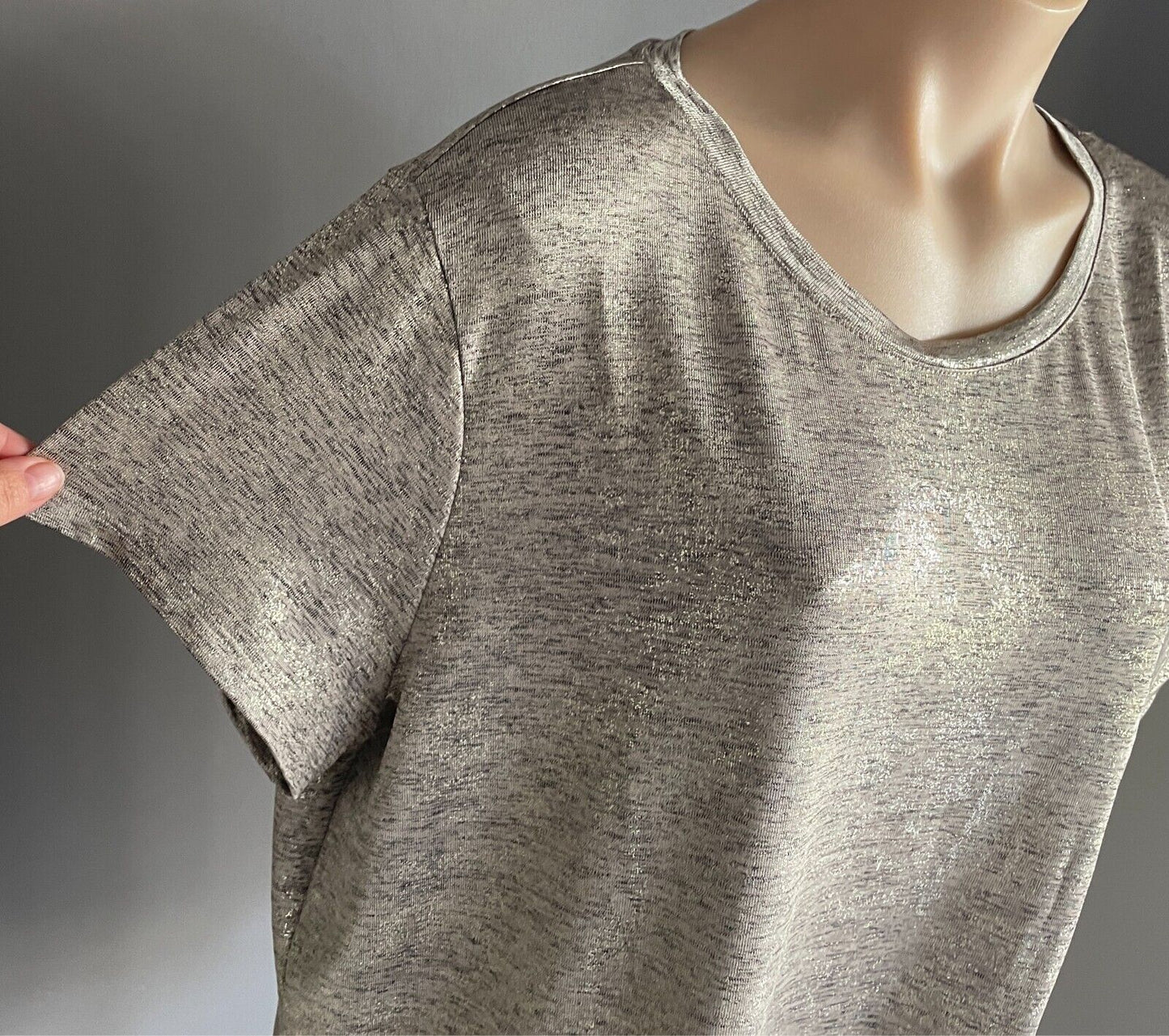 H&M Top Beige Black Gold Marl Short Sleeve Blouse Size EUR XL Stretch Fabric