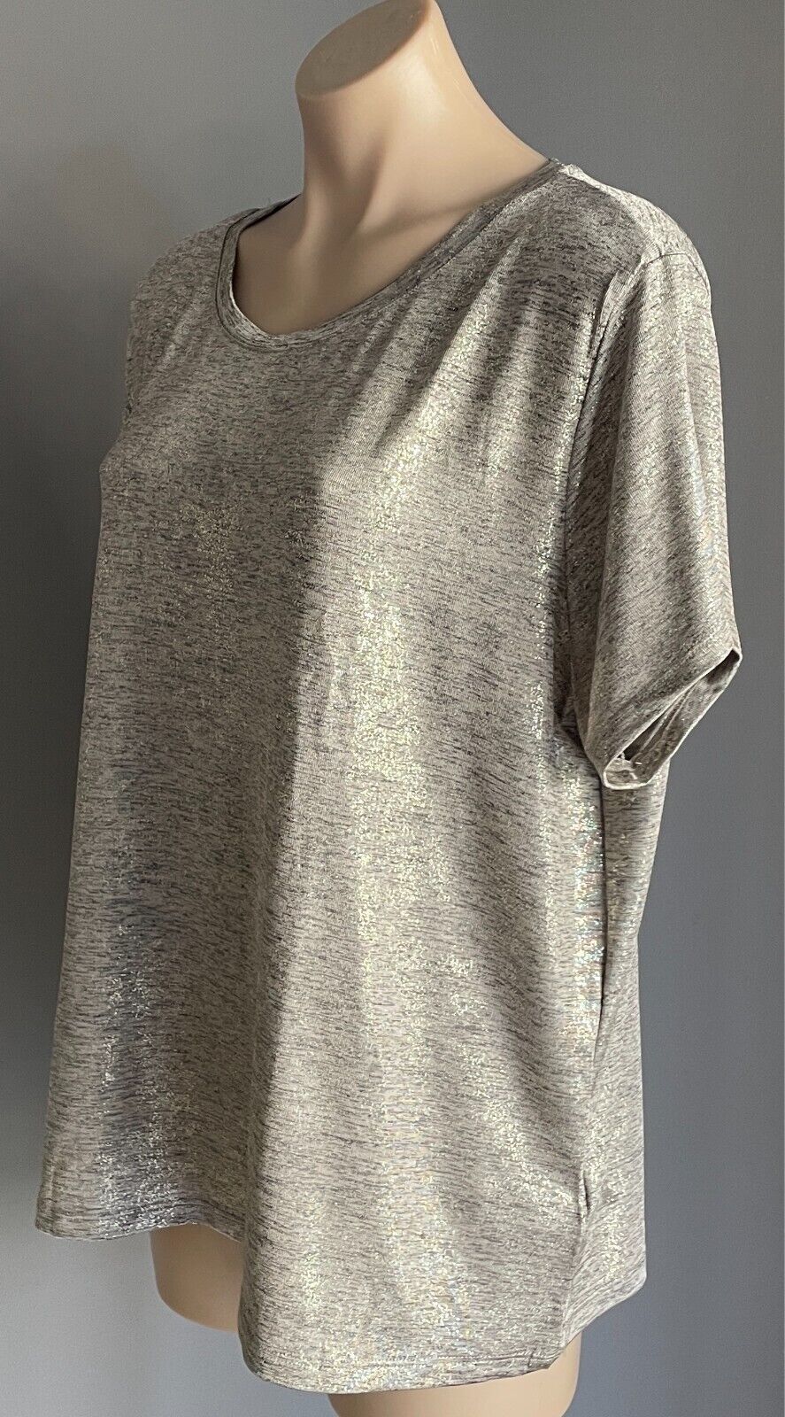 H&M Top Beige Black Gold Marl Short Sleeve Blouse Size EUR XL Stretch Fabric