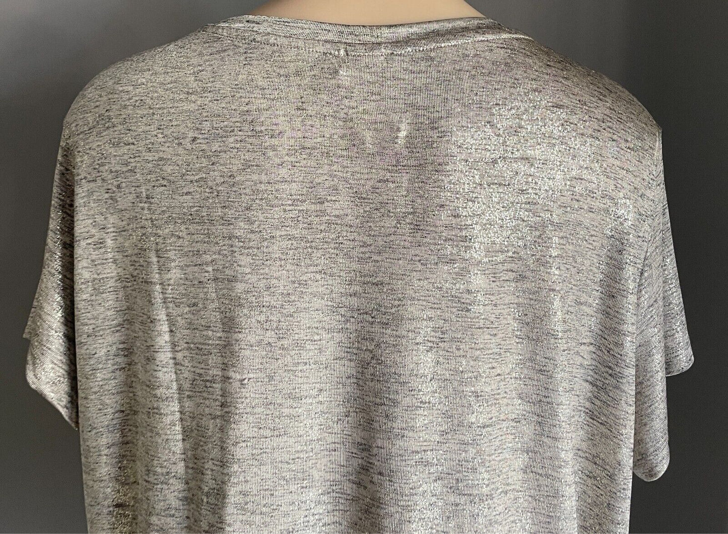 H&M Top Beige Black Gold Marl Short Sleeve Blouse Size EUR XL Stretch Fabric