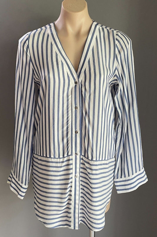 H&M Blue & White Stripe Blouse Collarless Button Front Size EUR 36 Long Sleeves