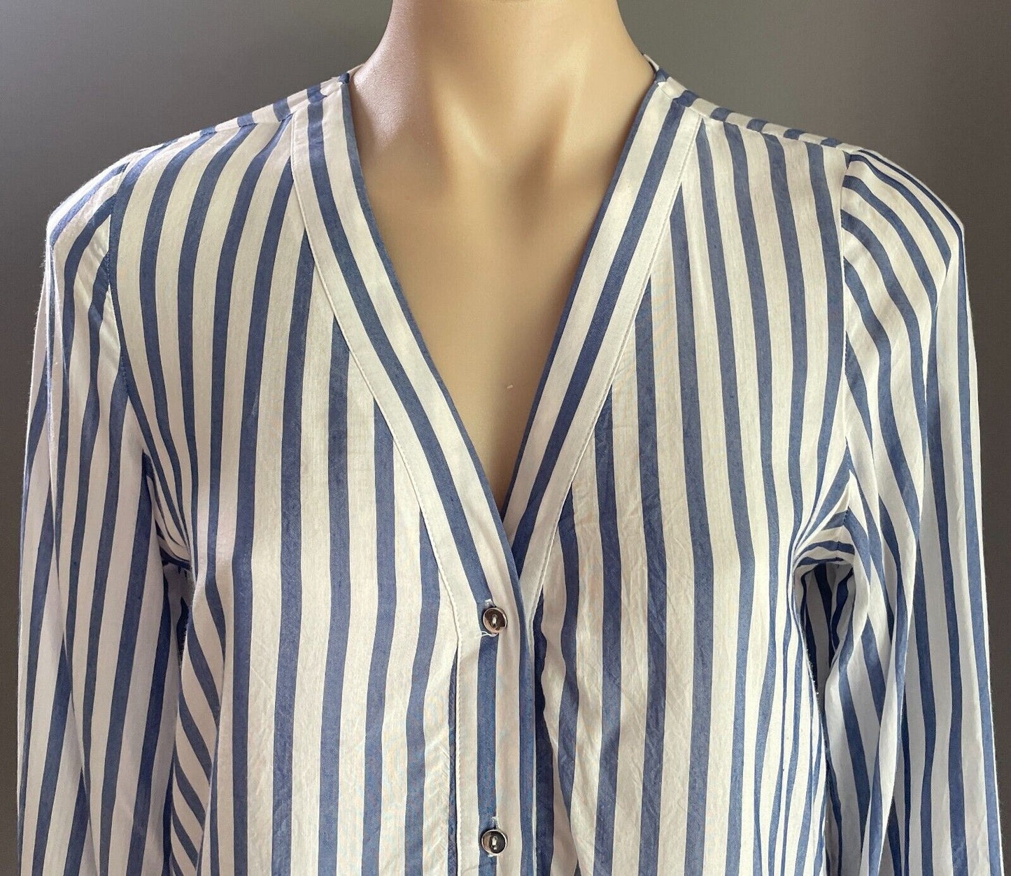H&M Blue & White Stripe Blouse Collarless Button Front Size EUR 36 Long Sleeves