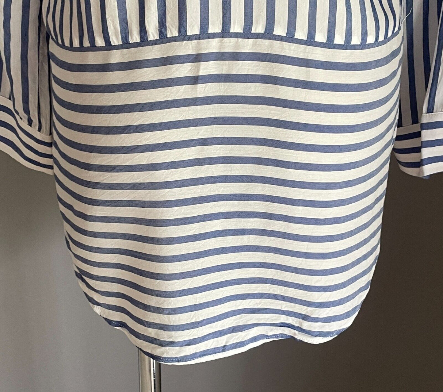 H&M Blue & White Stripe Blouse Collarless Button Front Size EUR 36 Long Sleeves