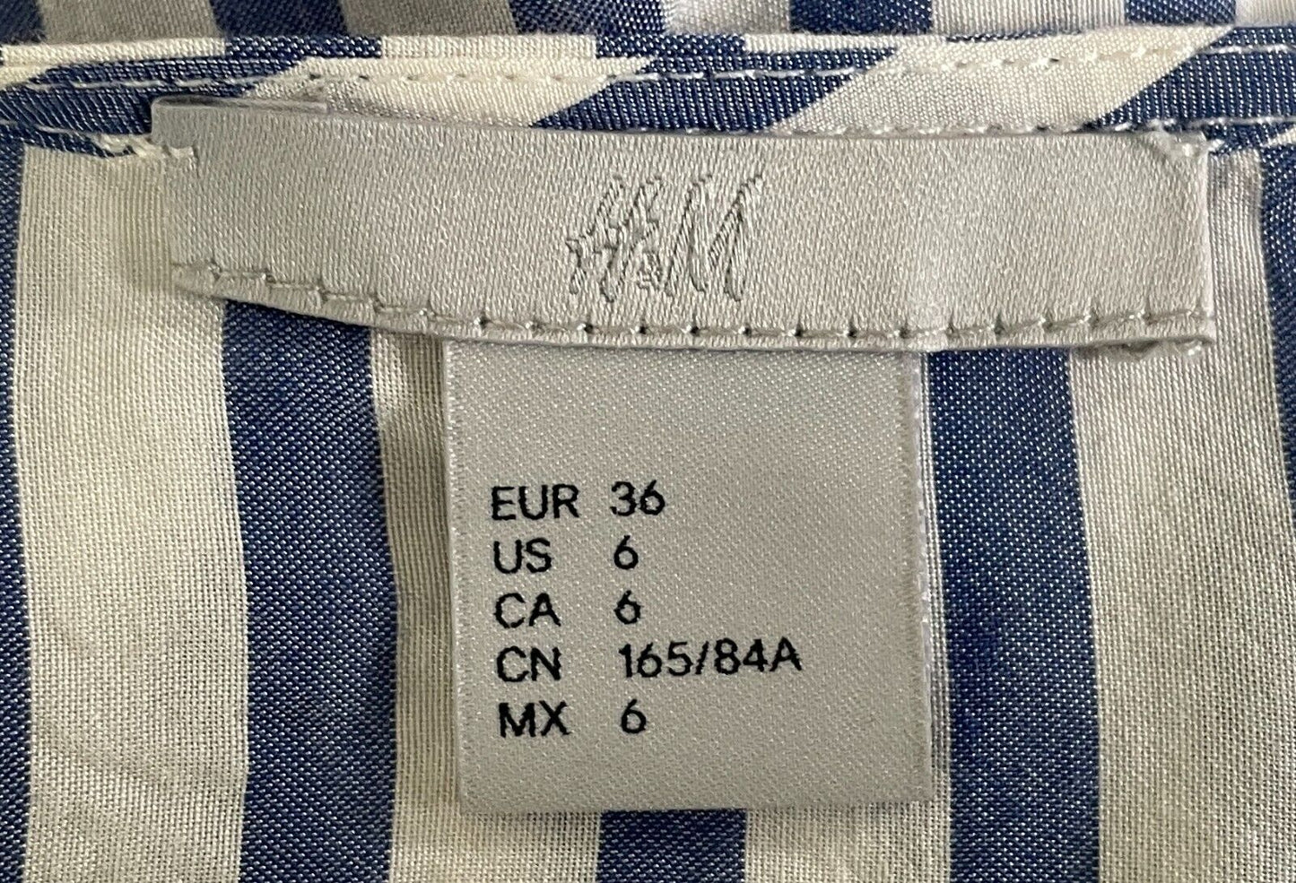 H&M Blue & White Stripe Blouse Collarless Button Front Size EUR 36 Long Sleeves