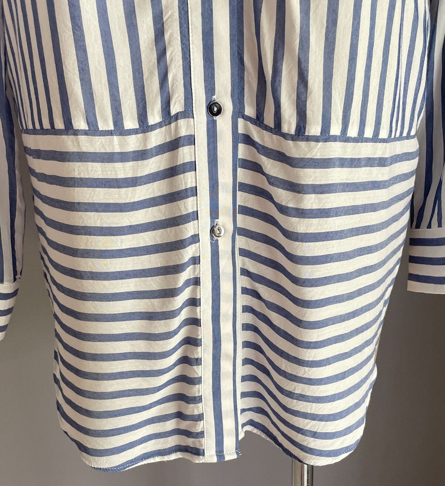 H&M Blue & White Stripe Blouse Collarless Button Front Size EUR 36 Long Sleeves