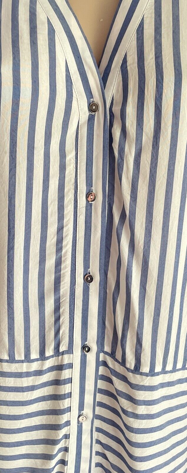 H&M Blue & White Stripe Blouse Collarless Button Front Size EUR 36 Long Sleeves