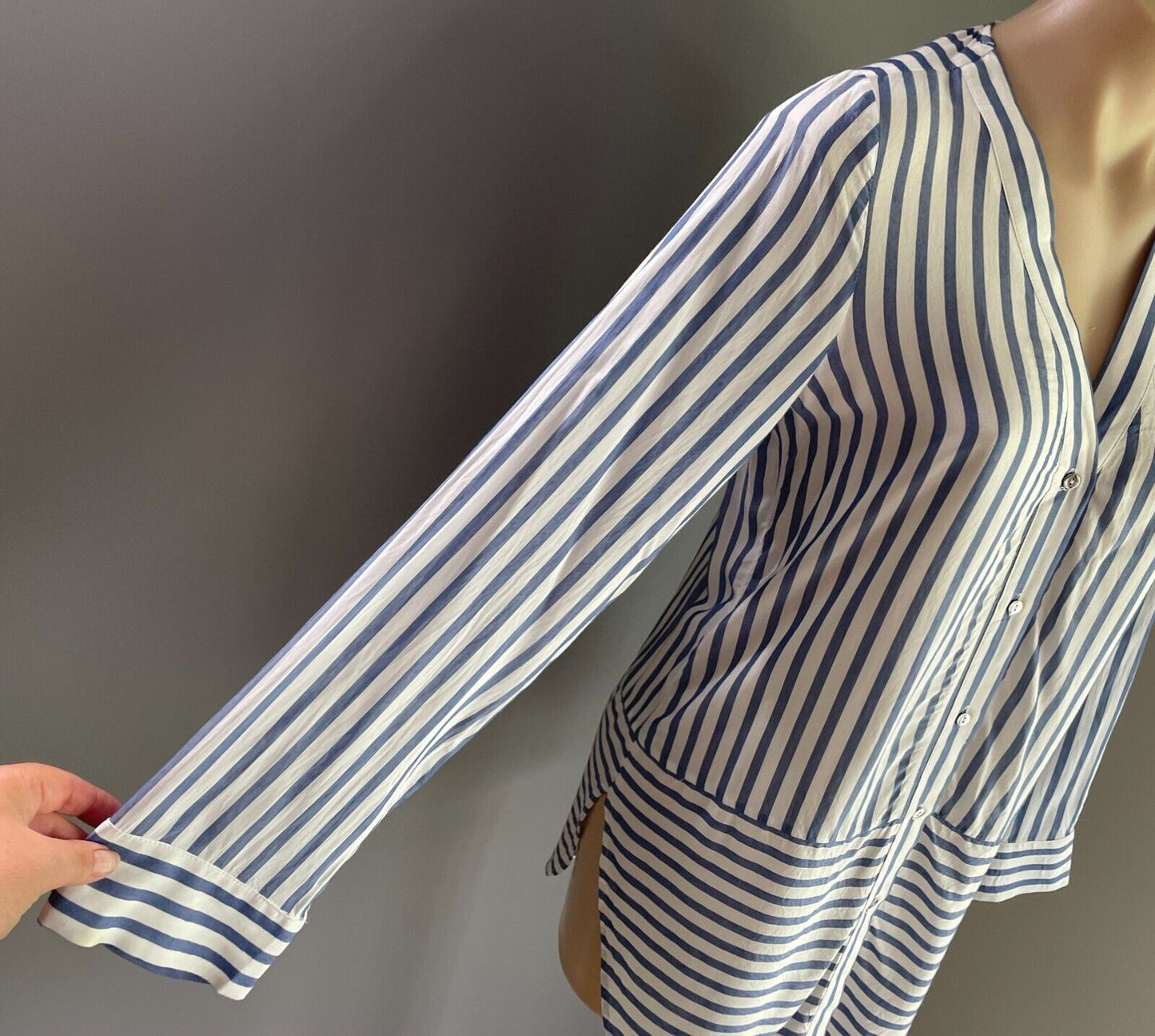 H&M Blue & White Stripe Blouse Collarless Button Front Size EUR 36 Long Sleeves