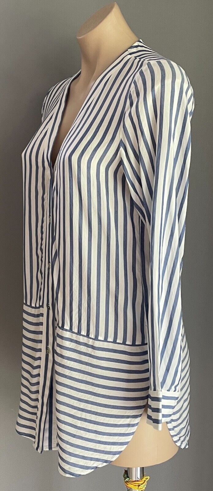 H&M Blue & White Stripe Blouse Collarless Button Front Size EUR 36 Long Sleeves