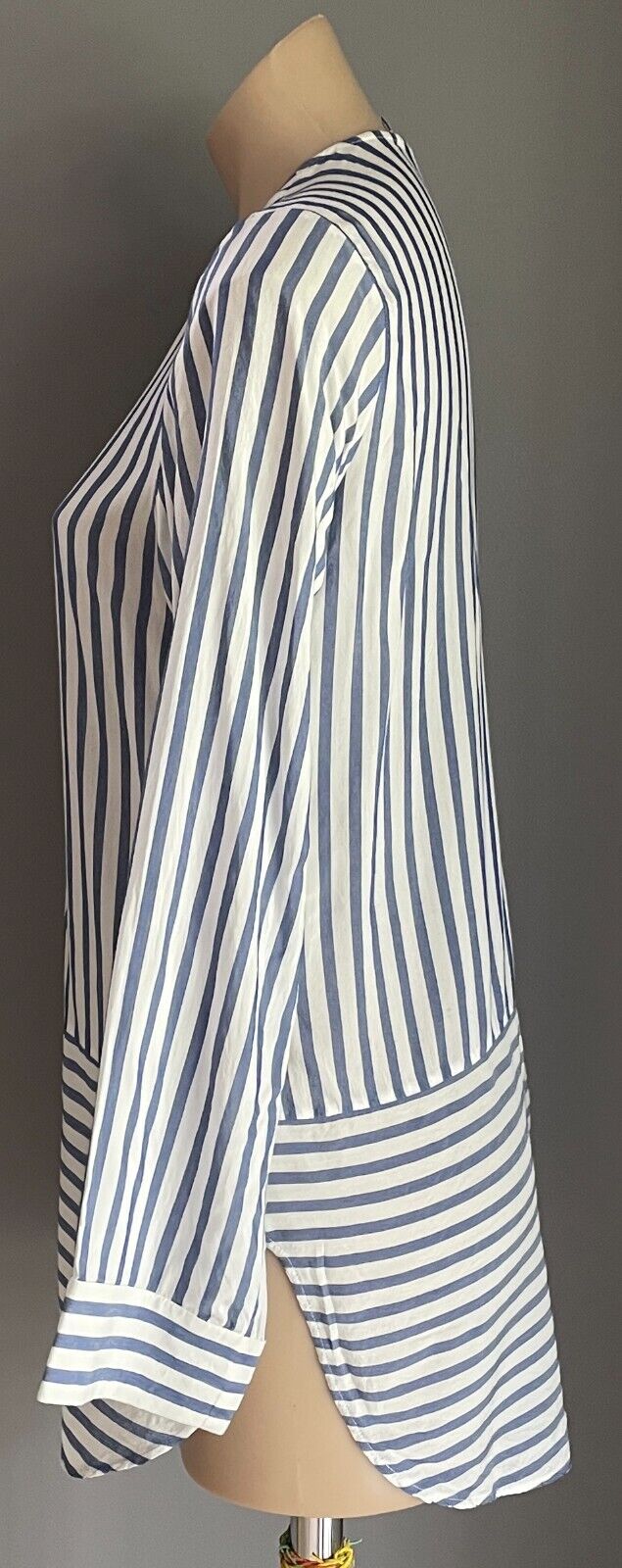 H&M Blue & White Stripe Blouse Collarless Button Front Size EUR 36 Long Sleeves