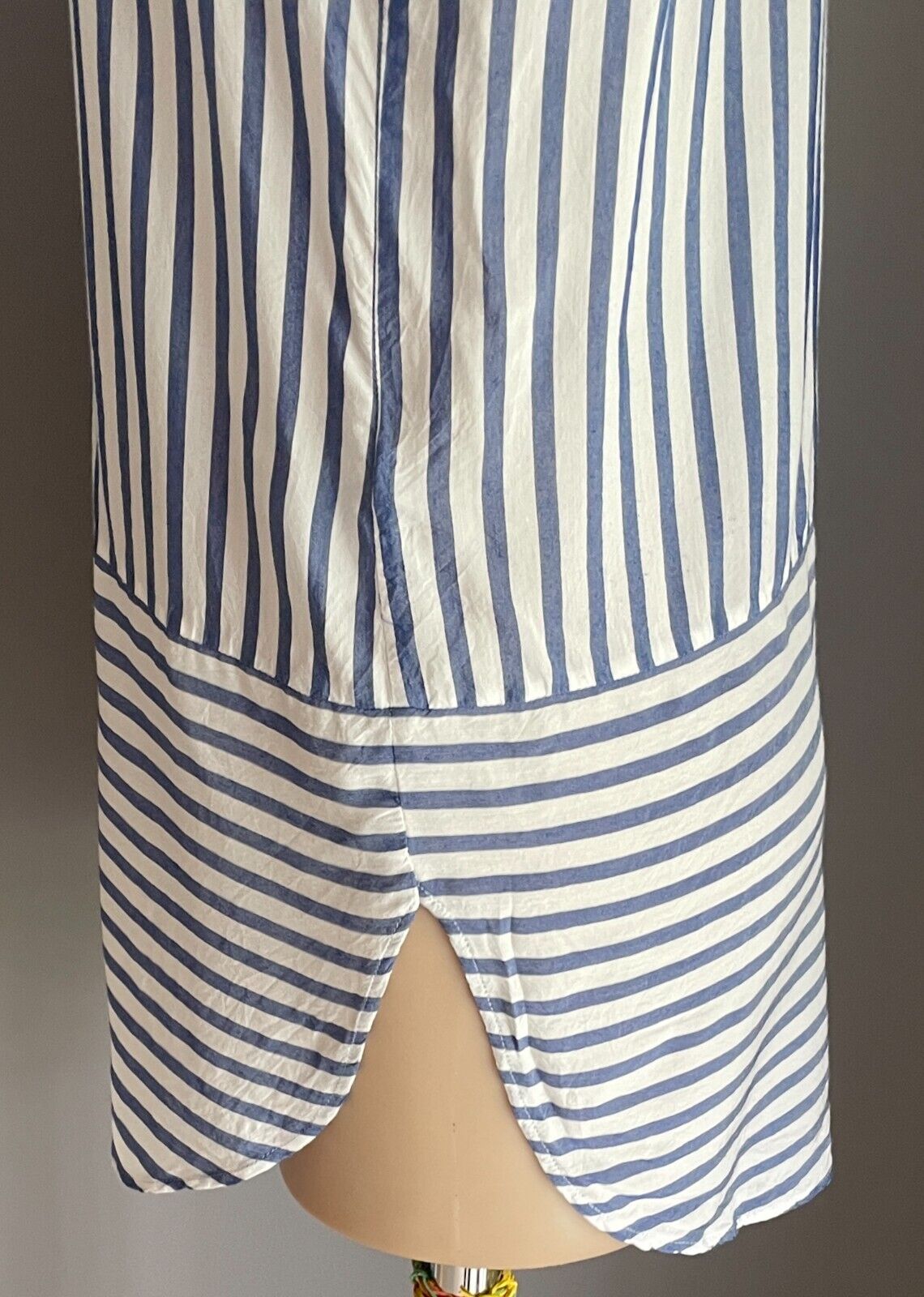 H&M Blue & White Stripe Blouse Collarless Button Front Size EUR 36 Long Sleeves