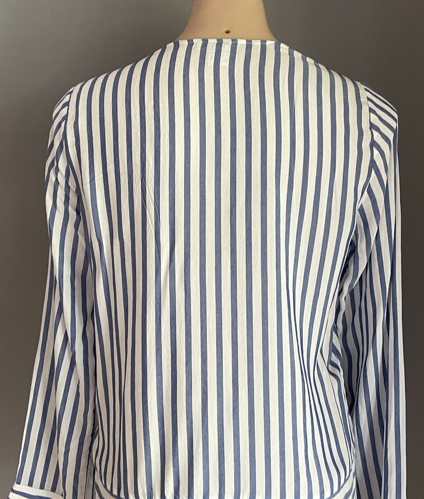 H&M Blue & White Stripe Blouse Collarless Button Front Size EUR 36 Long Sleeves