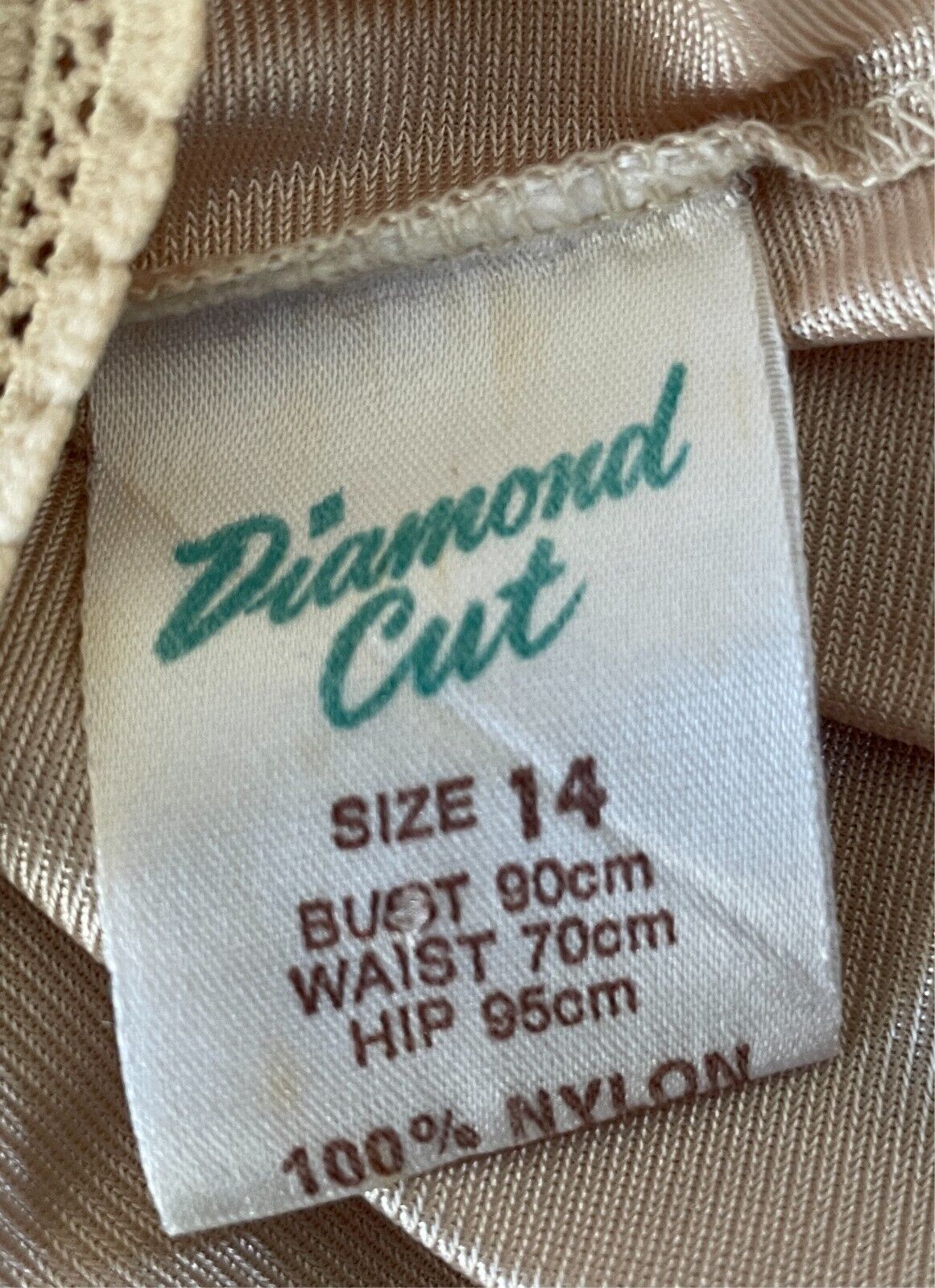 DIAMOND CUT Half Slip  Beige Nylon Elastic Waist Size 14 Slit at Sides Vintage