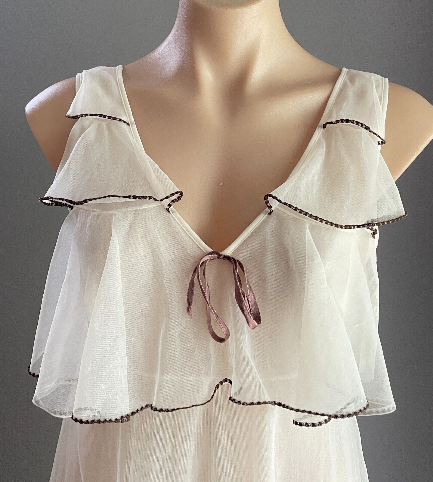 GRETA Nightie Ivory Brown Trim Nylon Lined Long Length Size 14 Lingerie Vintage