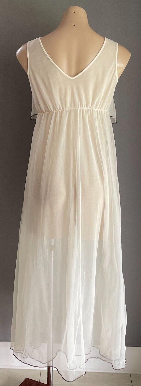 GRETA Nightie Ivory Brown Trim Nylon Lined Long Length Size 14 Lingerie Vintage