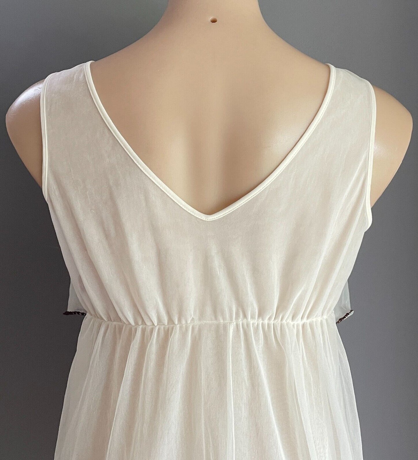 GRETA Nightie Ivory Brown Trim Nylon Lined Long Length Size 14 Lingerie Vintage