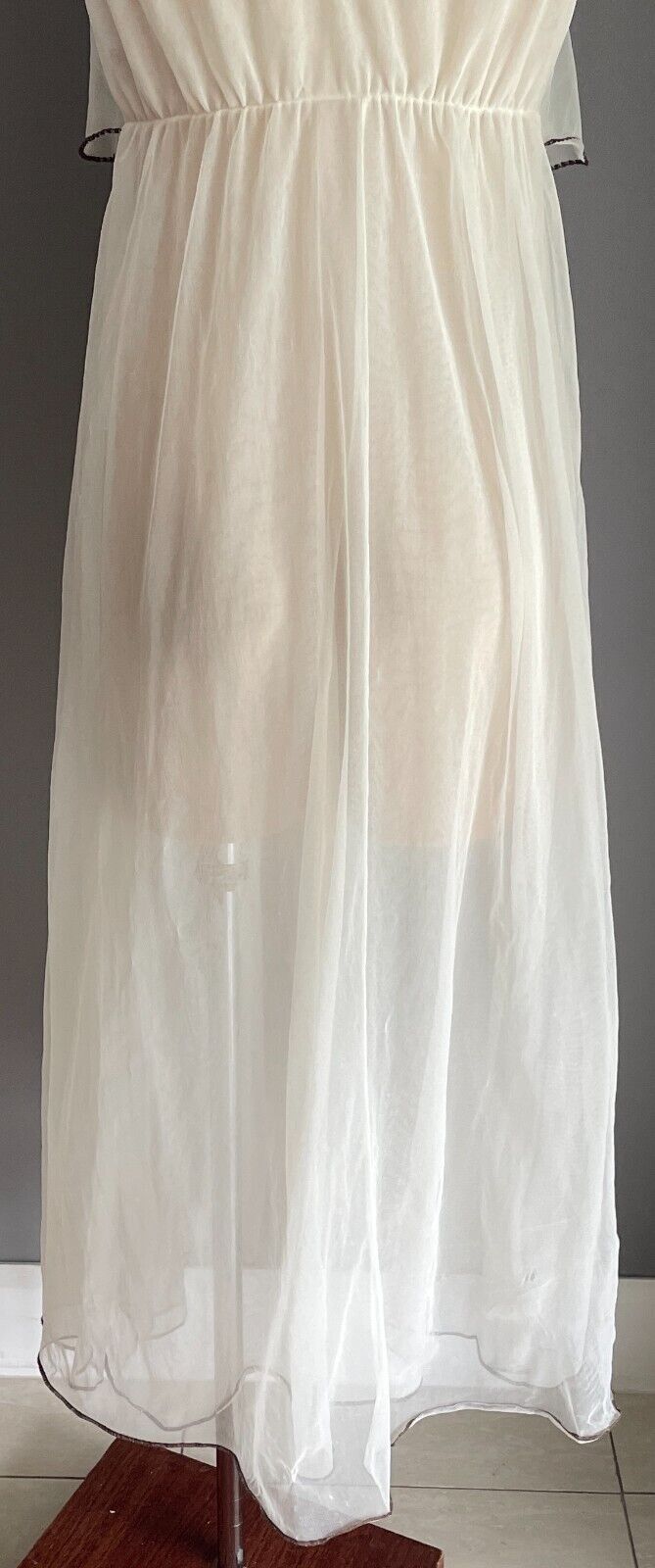 GRETA Nightie Ivory Brown Trim Nylon Lined Long Length Size 14 Lingerie Vintage