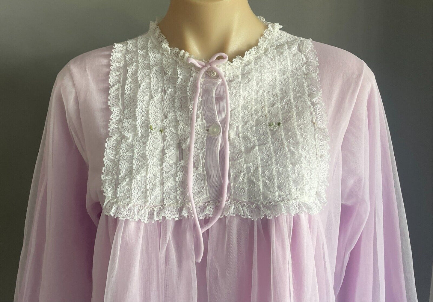 Vintage Bri Nylon Nightie 1960s Mauve Long Sleeve  White Lace Trim Size 14