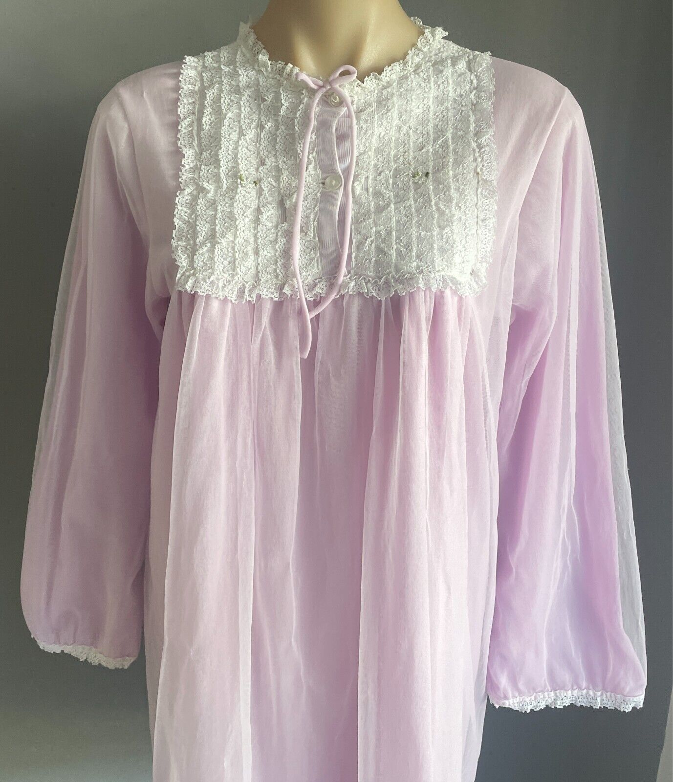 Vintage Bri Nylon Nightie 1960s Mauve Long Sleeve  White Lace Trim Size 14