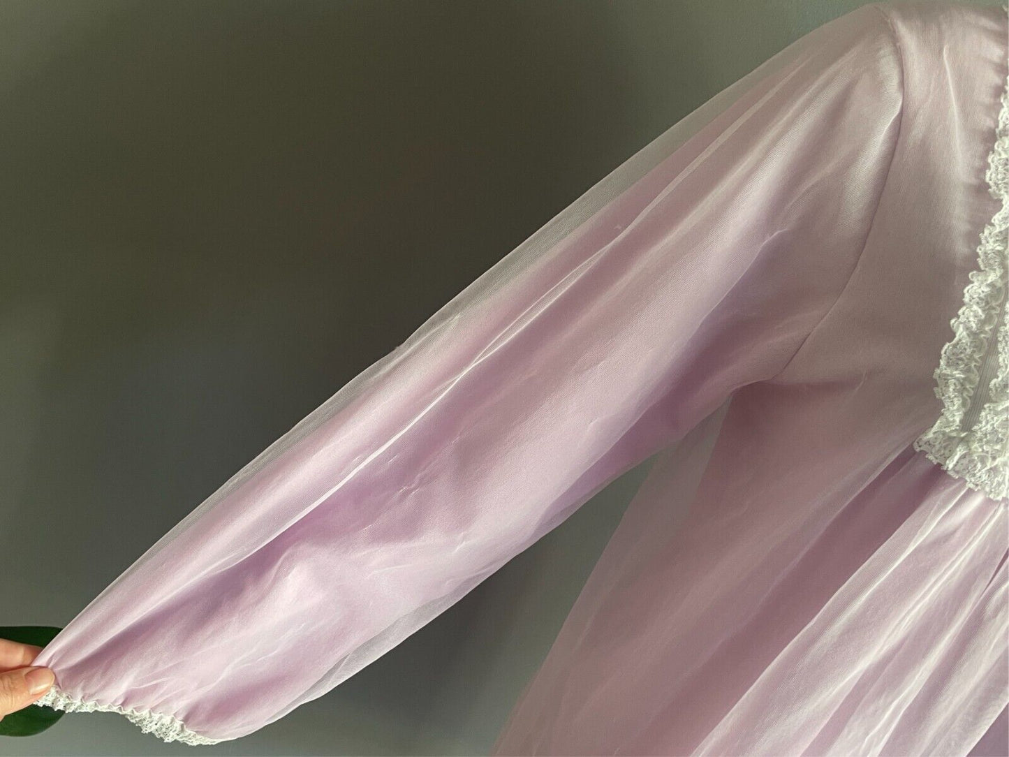 Vintage Bri Nylon Nightie 1960s Mauve Long Sleeve  White Lace Trim Size 14