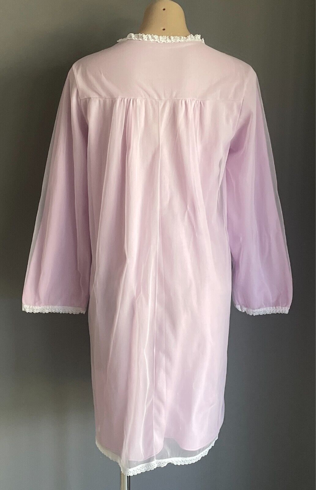 Vintage Bri Nylon Nightie 1960s Mauve Long Sleeve  White Lace Trim Size 14