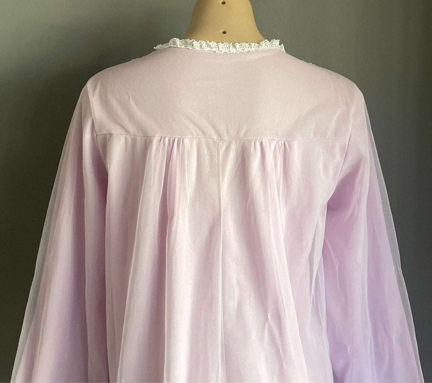 Vintage Bri Nylon Nightie 1960s Mauve Long Sleeve  White Lace Trim Size 14