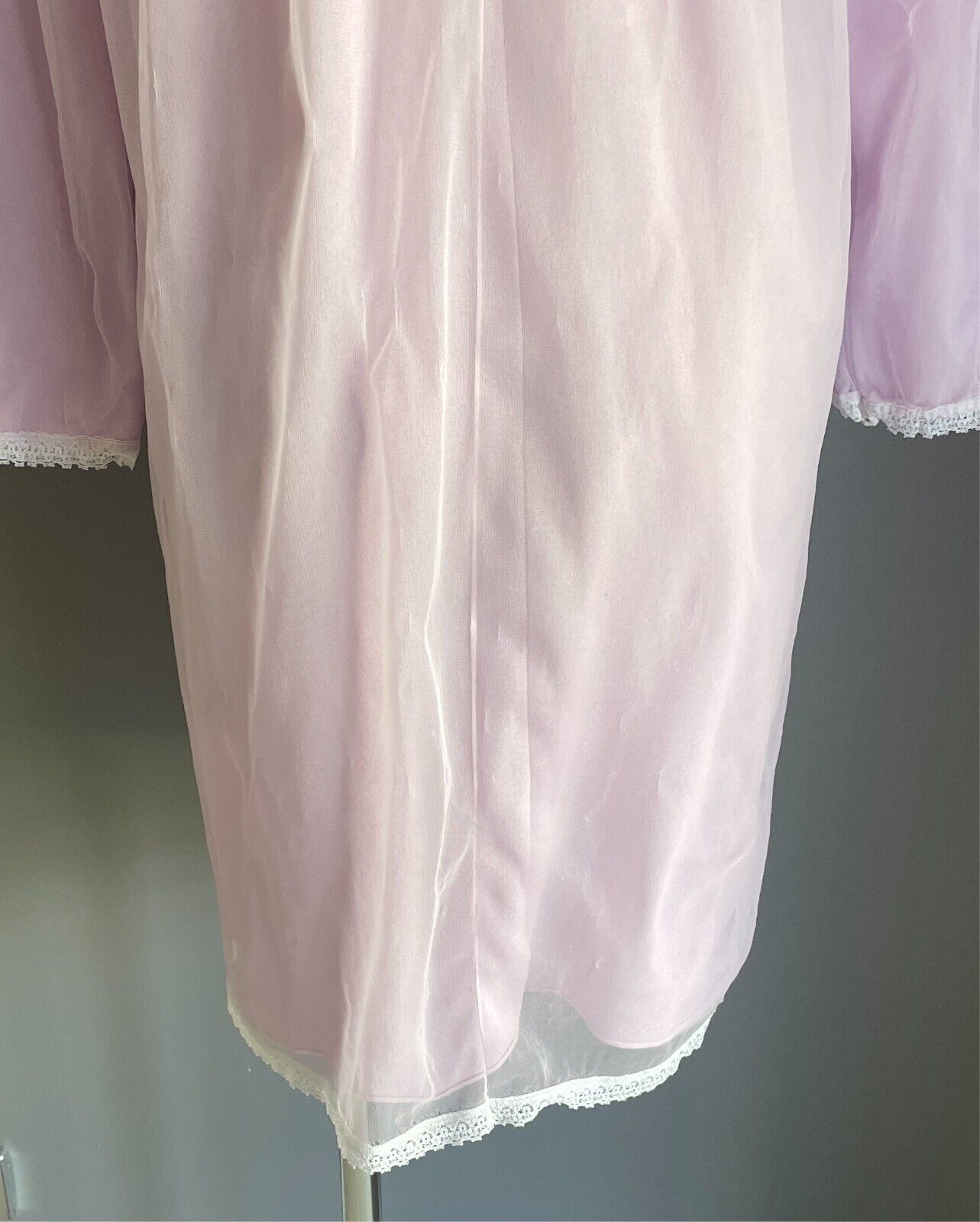 Vintage Bri Nylon Nightie 1960s Mauve Long Sleeve  White Lace Trim Size 14