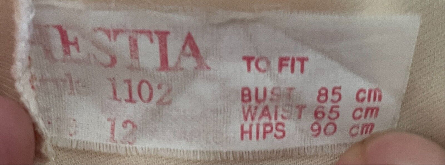 HESTIA Beige Half Slip Nylon Elastic Waist Size 12 Lace Hem Trim Petticoat Vtg