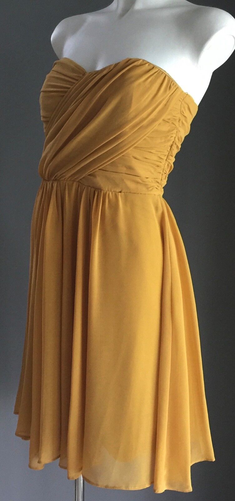 FORCAST Strapless Dress Gathered Bustier Chiffon Mustard Yellow Ladies Size 8