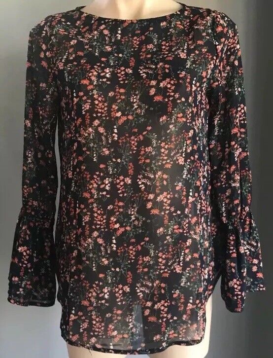 FORCAST Blouse Navy Blue Floral Print Semi Sheer Long Bell Sleeve Top Sz 10 NEW