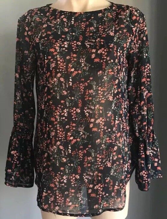 FORCAST Blouse Navy Blue Floral Print Semi Sheer Long Bell Sleeve Top Sz 10 NEW