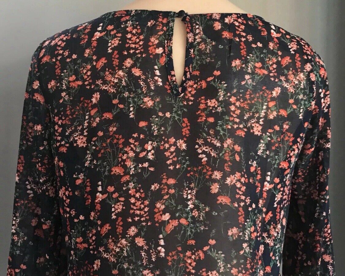 FORCAST Blouse Navy Blue Floral Print Semi Sheer Long Bell Sleeve Top Sz 10 NEW