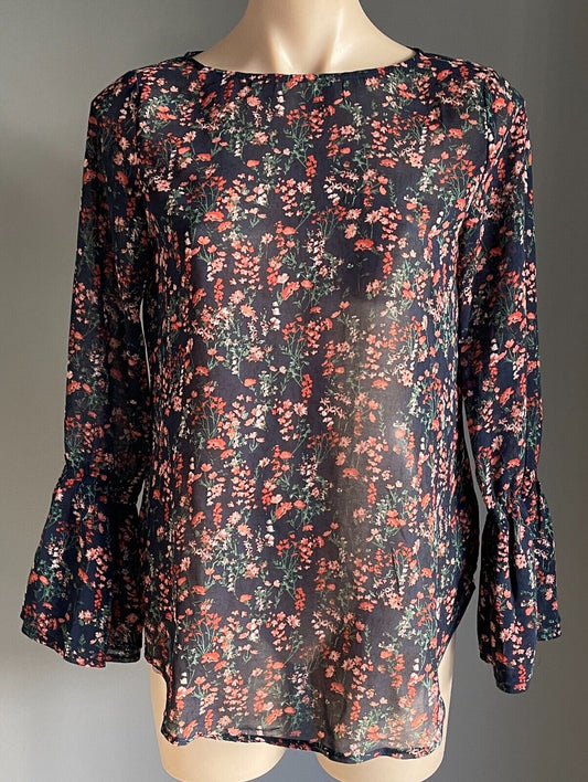 FORCAST Top Bell Sleeve Navy Floral Print Semi Sheer Blouse w Long Size 8 10