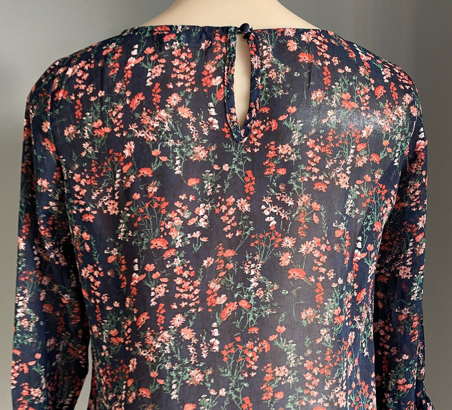 FORCAST Top Bell Sleeve Navy Floral Print Semi Sheer Blouse w Long Size 8 10