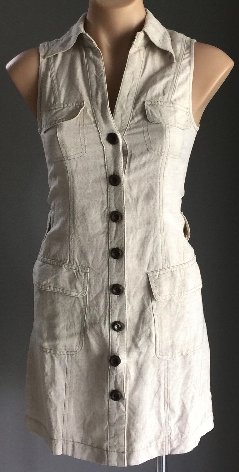 FORCAST Shirt Dress Cotton Linen Beige Sleeveless Buttoned Fitted Sz6 AU 8  10