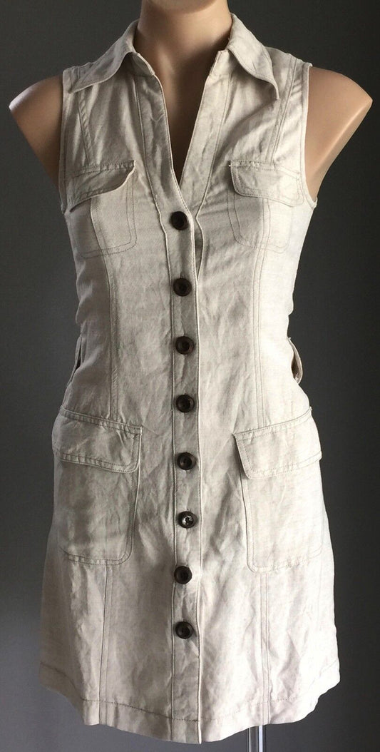 FORCAST Shirt Dress Cotton Linen Beige Sleeveless Buttoned Fitted Sz6 AU 8  10