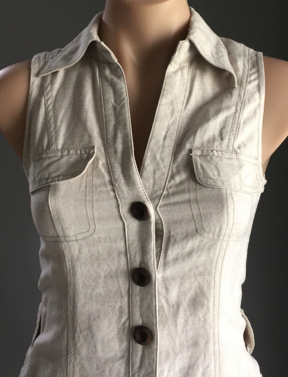 FORCAST Shirt Dress Cotton Linen Beige Sleeveless Buttoned Fitted Sz6 AU 8  10
