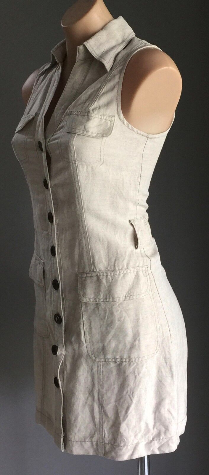 FORCAST Shirt Dress Cotton Linen Beige Sleeveless Buttoned Fitted Sz6 AU 8  10