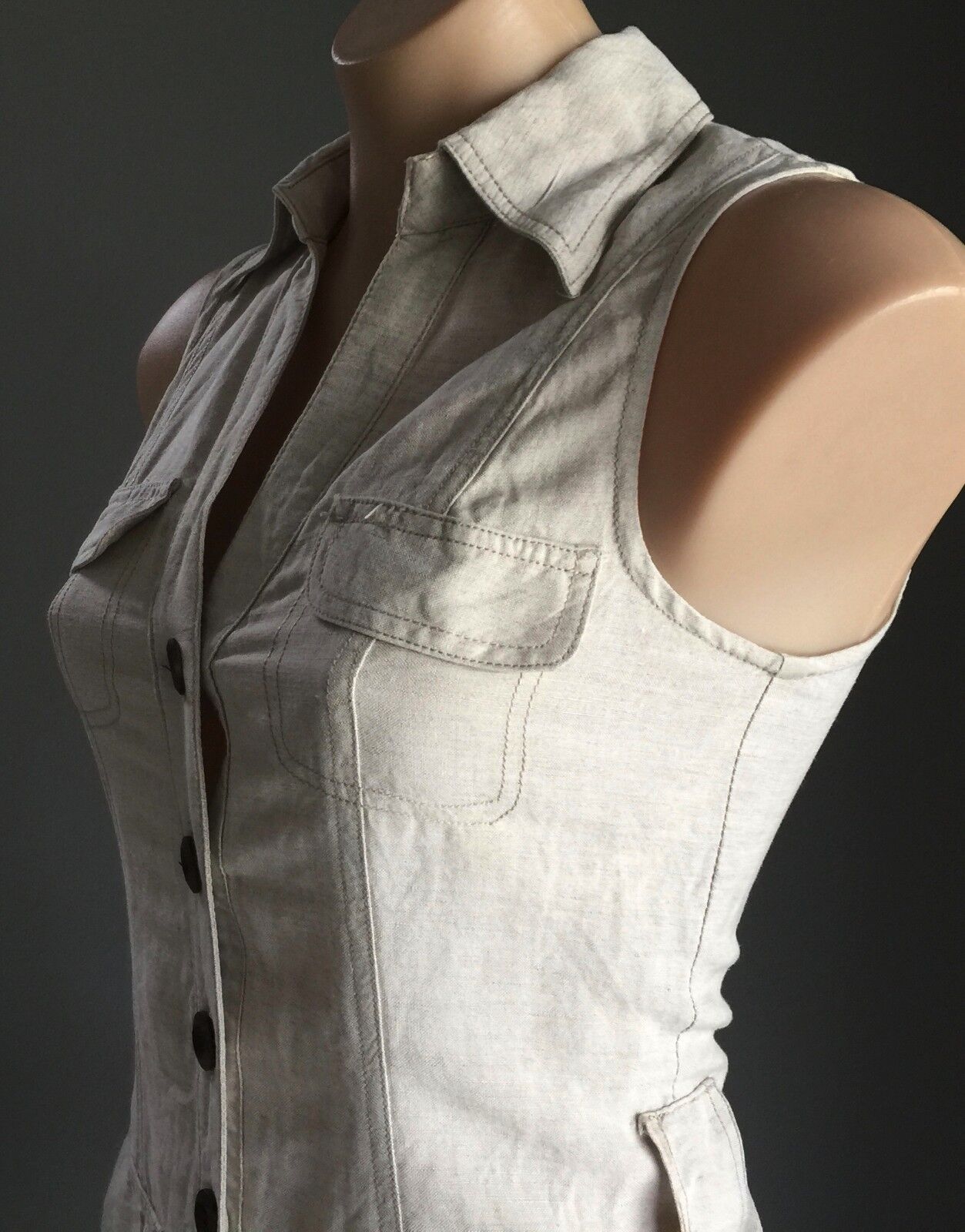 FORCAST Shirt Dress Cotton Linen Beige Sleeveless Buttoned Fitted Sz6 AU 8  10