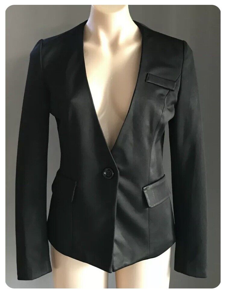 FORCAST Jacket Tailored Black Collarless Long Sleeve Faux Pockets Blazer Size 10