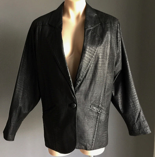 ULTRA FASH Leather Jacket "Sydney" Black Snake Print Blazer Size 14 16 Vintage