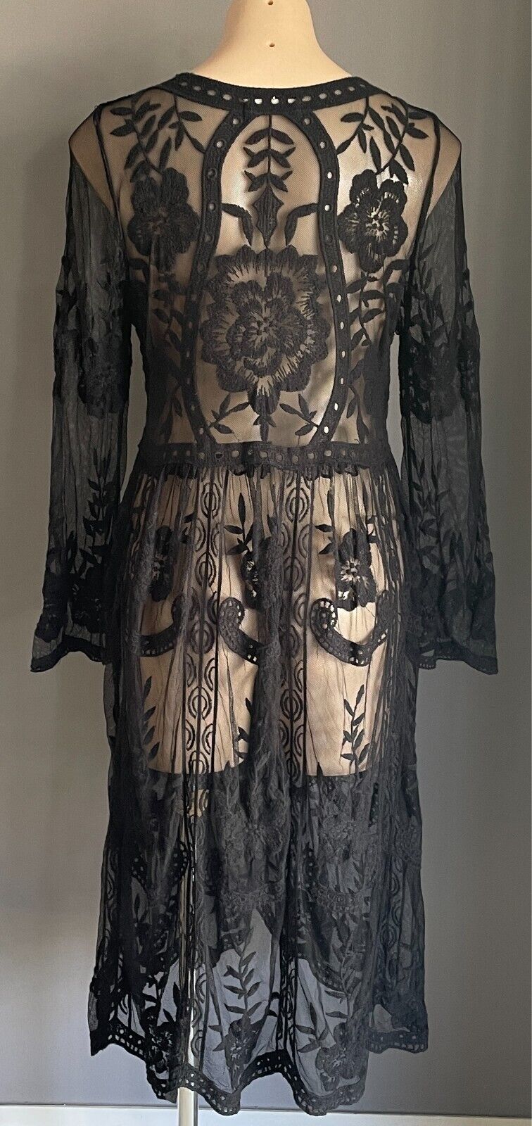 AMOR MIA Midi Dress Black Printed Mesh Net Size 16 Long Sleeves Semi Sheer