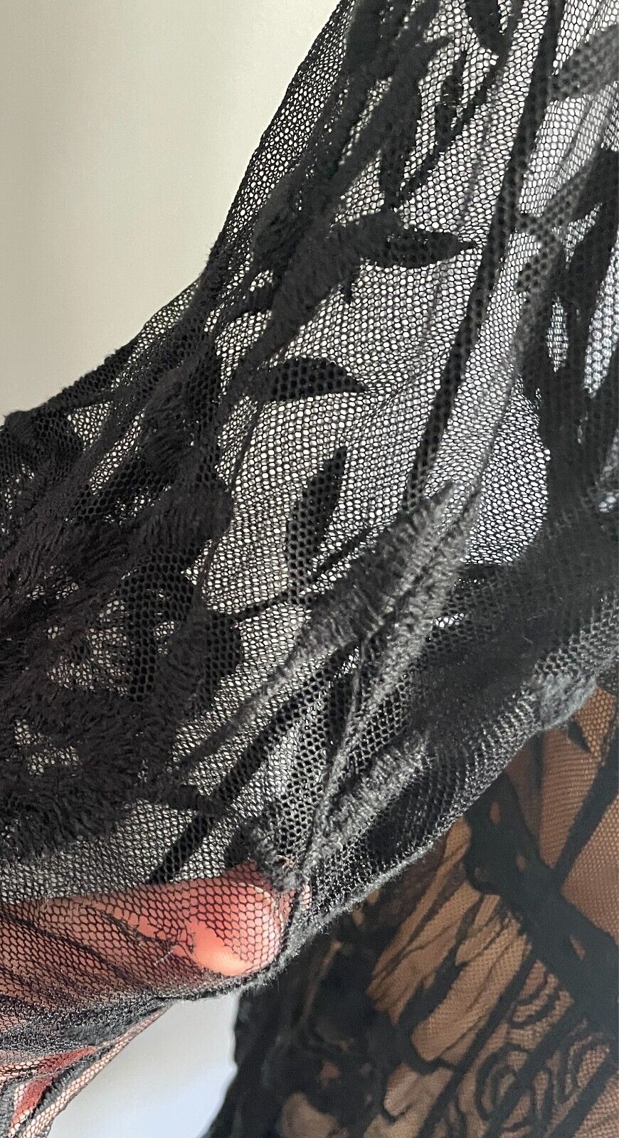 AMOR MIA Midi Dress Black Printed Mesh Net Size 16 Long Sleeves Semi Sheer