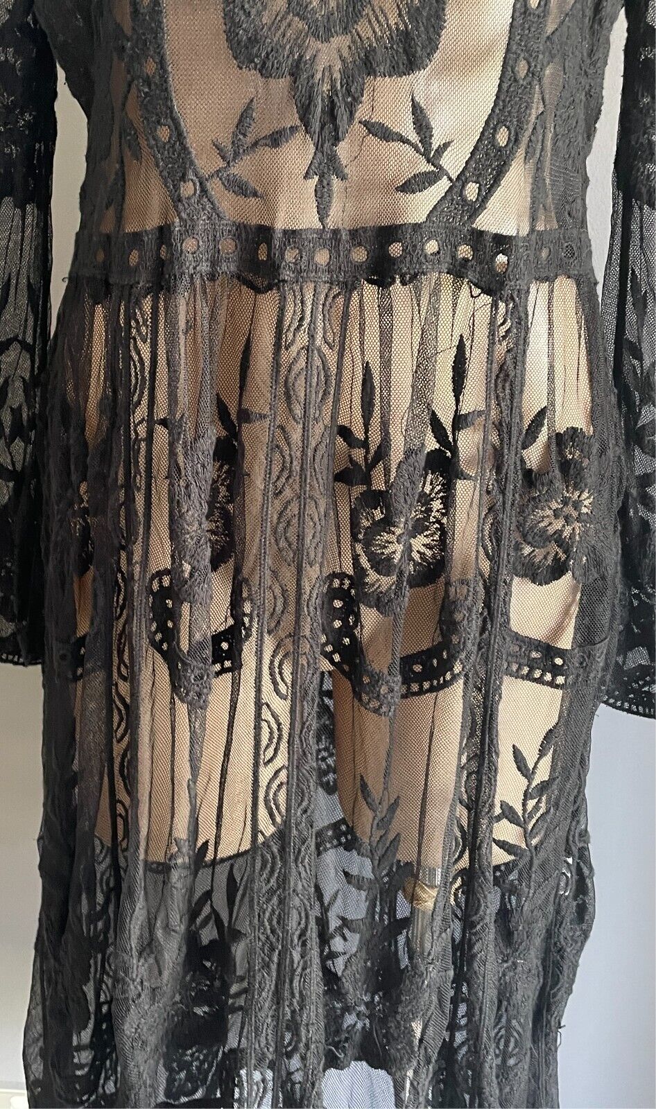 AMOR MIA Midi Dress Black Printed Mesh Net Size 16 Long Sleeves Semi Sheer