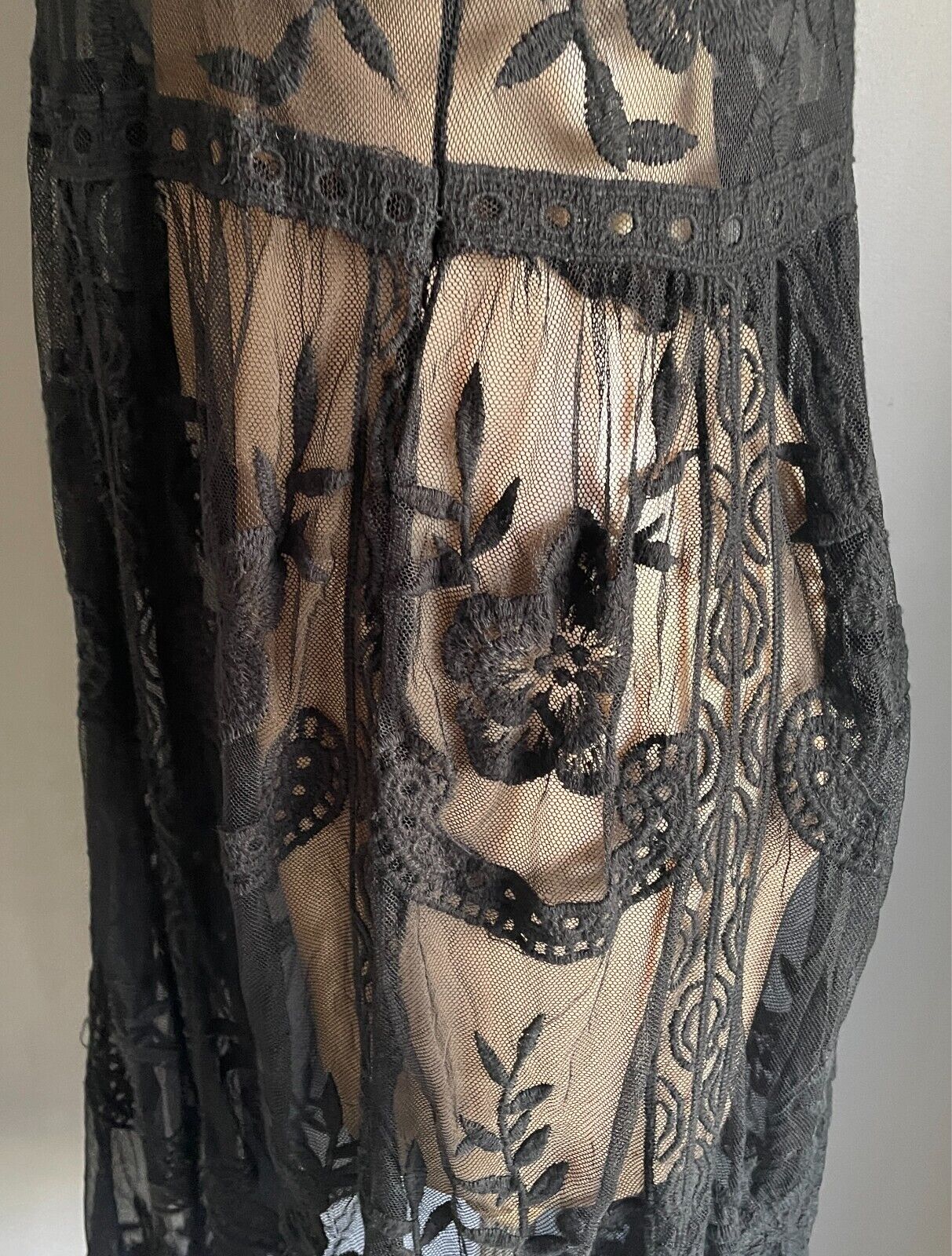 AMOR MIA Midi Dress Black Printed Mesh Net Size 16 Long Sleeves Semi Sheer