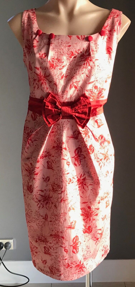ELISE DESIGN Sheath Dress Red Floral Print Waist Bow Stetch Size 14 Vintage Look