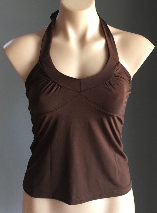 1970's POP STAR Top  Brown Stretch Halter Neck Top Ladies Size M 10 Disco Gem