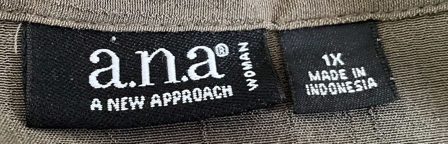 A.N.A New Approach Khaki Sleeveless Blouse Round Neck Buttons Top Size 1X 12 14