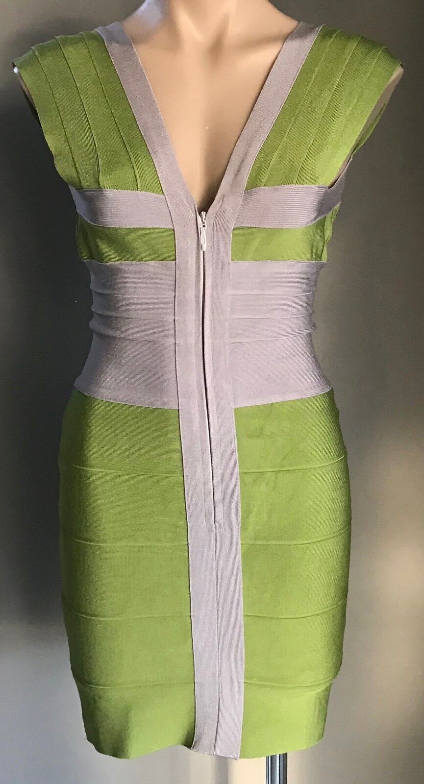HERVE LEGER Bandage Dress Original  Citrine Green Grey  Zip Front Size M 10 12