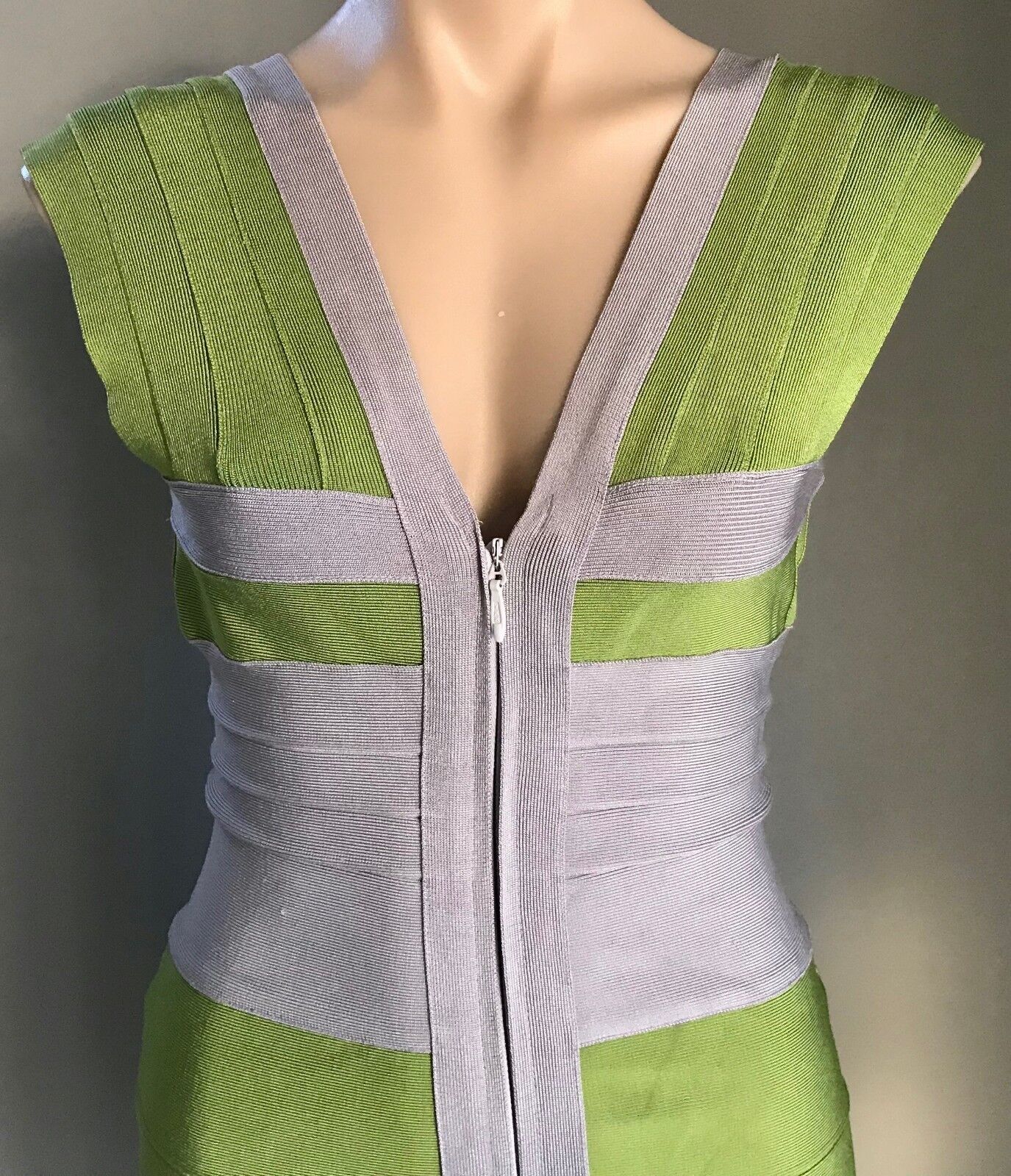 HERVE LEGER Bandage Dress Original  Citrine Green Grey  Zip Front Size M 10 12